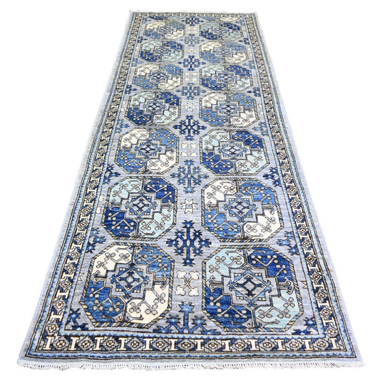 Tribal & Geometric Wool Hand Knotted Rug Grey Ivory 4.0X10.1 -O073558