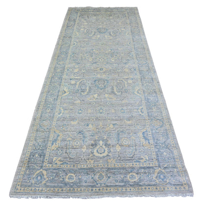 Oushak And Peshawar Wool Hand Knotted Rug Grey Blue 4.0X10.0 -O073682