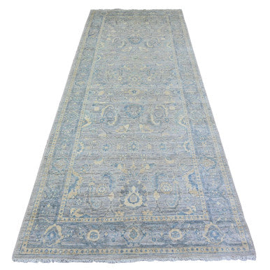 Oushak And Peshawar Wool Hand Knotted Rug Grey Blue 4.0X10.0 -O073682