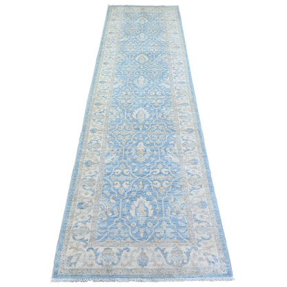Oushak And Peshawar Wool Hand Knotted Rug Blue Ivory 2.7X9.8 -O073688