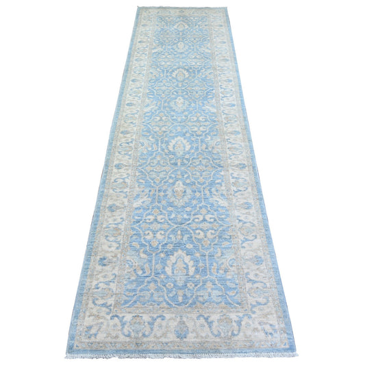 Oushak And Peshawar Wool Hand Knotted Rug Blue Ivory 2.7X9.8 -O073688