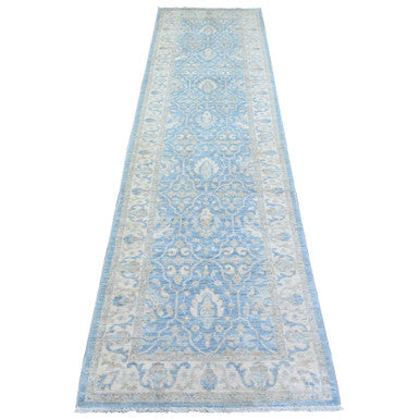 Oushak And Peshawar Wool Hand Knotted Rug Blue Ivory 2.7X9.8 -O073688