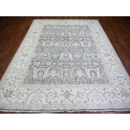 Oushak And Peshawar Wool Hand Knotted Rug Grey Ivory 8.1X9.8 -O073826