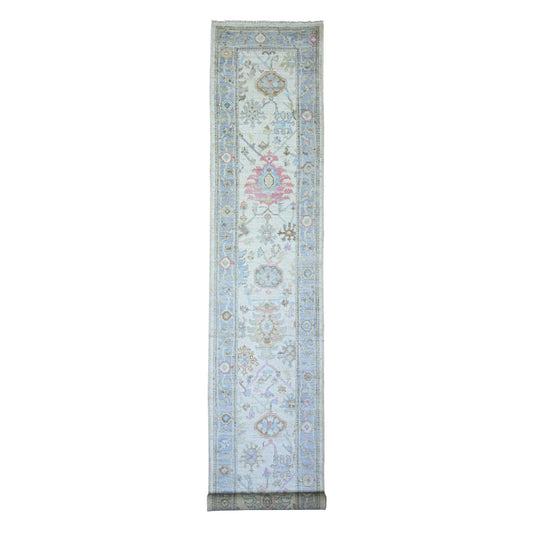 Oushak And Peshawar Wool Hand Knotted Rug Beige Light Blue 2.9X15.10 -O073860