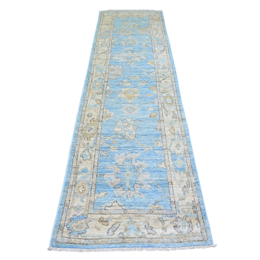 Oushak And Peshawar Wool Hand Knotted Rug Blue Ivory 2.9X9.9 -O073878