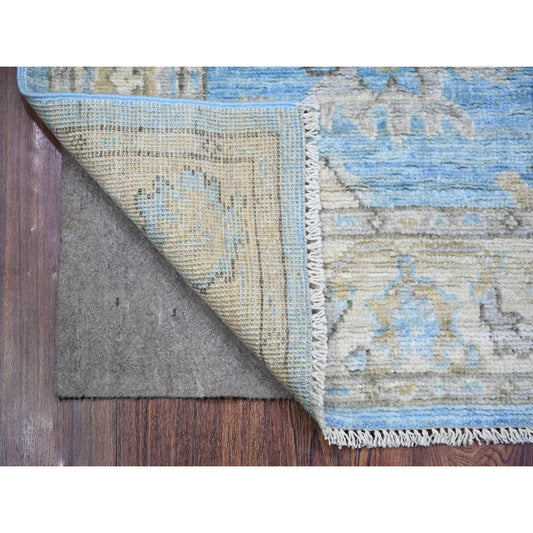 Oushak And Peshawar Wool Hand Knotted Rug Blue Ivory 2.9X9.9 -O073878