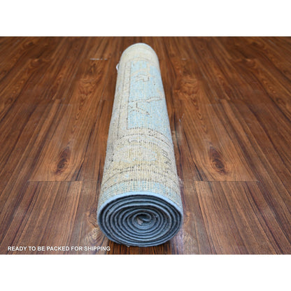 Oushak And Peshawar Wool Hand Knotted Rug Blue Ivory 2.9X9.9 -O073878