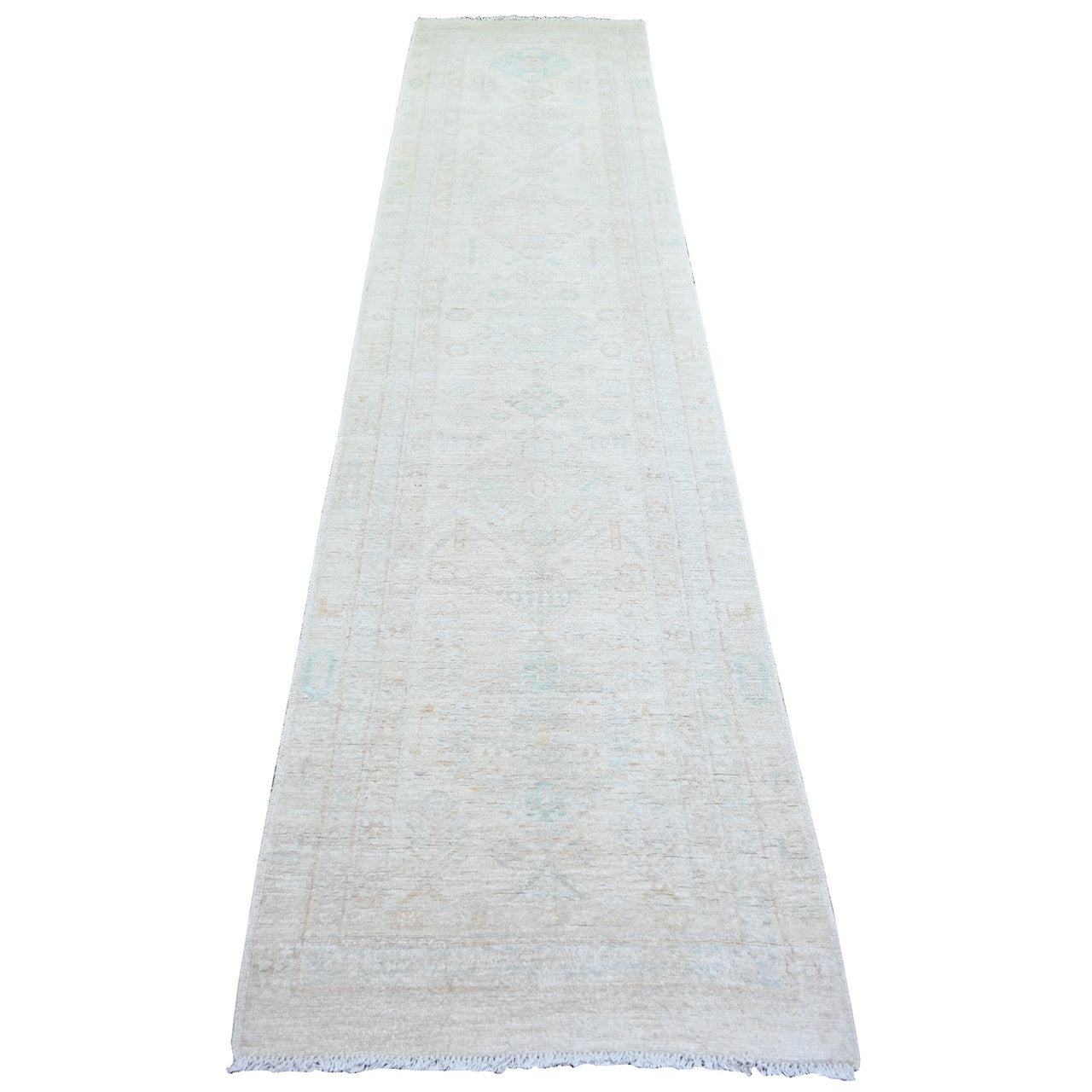 Ivory 2'7" x 11'3" Oushak And Peshawar Hand knotted Wool Rug - Sku: O073944
