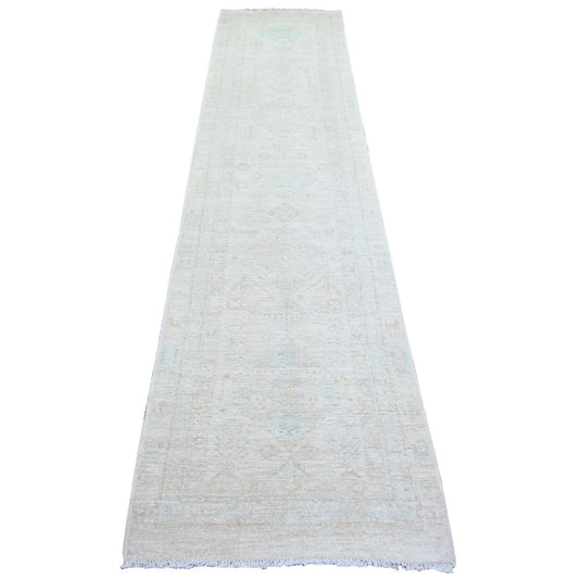 Oushak And Peshawar Wool Hand Knotted Rug Ivory Ivory 2.7X11.3 -O073944