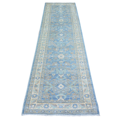 Oushak And Peshawar Wool Hand Knotted Rug Blue Ivory 2.8X9.6 -O073963