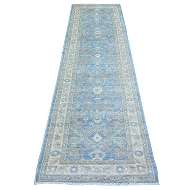 Oushak And Peshawar Wool Hand Knotted Rug Blue Ivory 2.8X9.6 -O073963