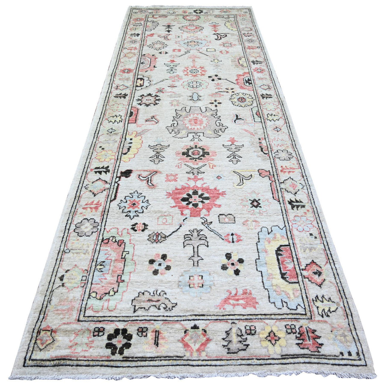 Gray 4'2" x 11'8" Oushak And Peshawar Hand knotted Wool Rug - Sku: O073982
