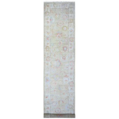 Oushak And Peshawar Wool Hand Knotted Rug Green Ivory 3.0X16.0 -O073993