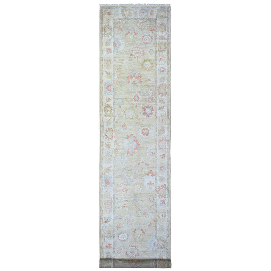 Oushak And Peshawar Wool Hand Knotted Rug Green Ivory 3.0X16.0 -O073993