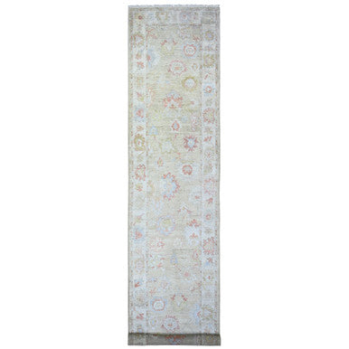 Oushak And Peshawar Wool Hand Knotted Rug Green Ivory 3.0X16.0 -O073993