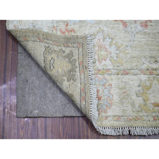 Oushak And Peshawar Wool Hand Knotted Rug Green Ivory 3.0X16.0 -O073993