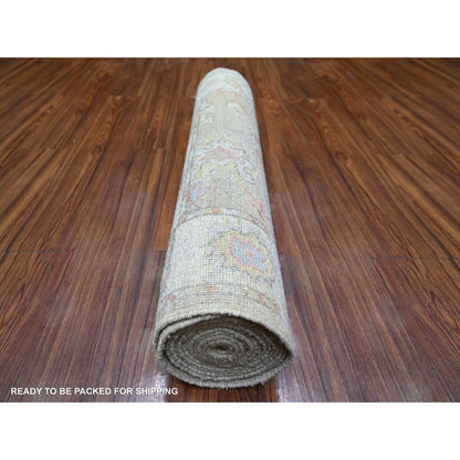 Oushak And Peshawar Wool Hand Knotted Rug Green Ivory 3.0X16.0 -O073993