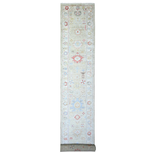Oushak And Peshawar Wool Hand Knotted Rug Green Ivory 2.9X19.8 -O073999