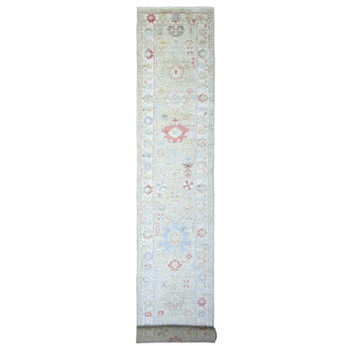 Oushak And Peshawar Wool Hand Knotted Rug Green Ivory 2.9X19.8 -O073999