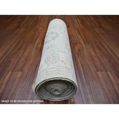 Oushak And Peshawar Wool Hand Knotted Rug Green Ivory 2.9X19.8 -O073999