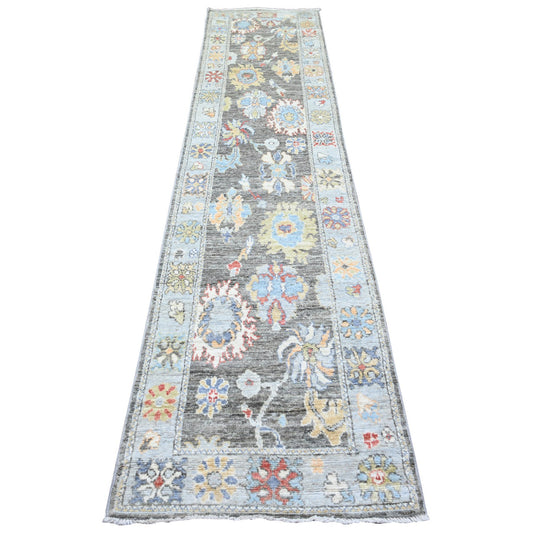 Oushak And Peshawar Wool Hand Knotted Rug Grey Light Blue 2.6X11.4 -O074000