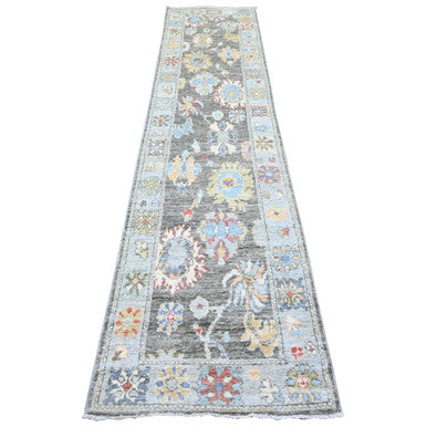 Oushak And Peshawar Wool Hand Knotted Rug Grey Light Blue 2.6X11.4 -O074000