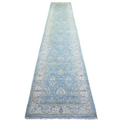 Oushak And Peshawar Wool Hand Knotted Rug Blue Cream 2.8X15.2 -O074133