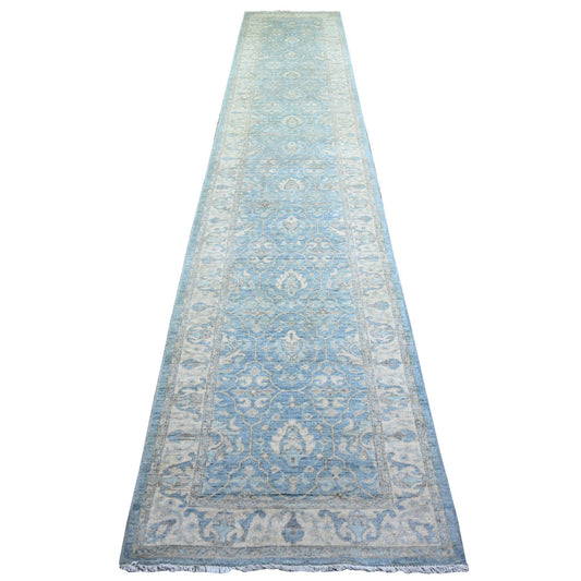 Oushak And Peshawar Wool Hand Knotted Rug Blue Cream 2.8X15.2 -O074133