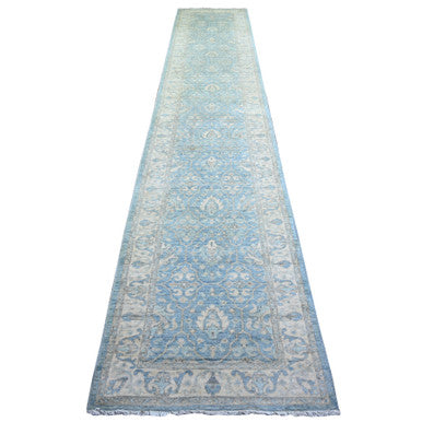 Oushak And Peshawar Wool Hand Knotted Rug Blue Cream 2.8X15.2 -O074133