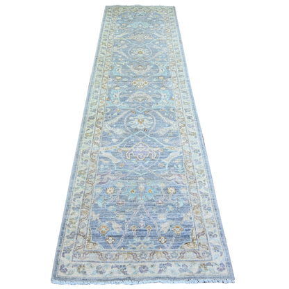 Oushak And Peshawar Wool Hand Knotted Rug Blue Ivory 2.7X9.6 -O074135