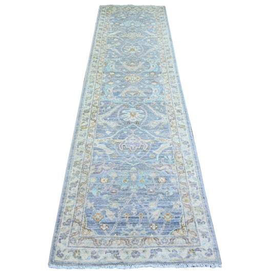 Oushak And Peshawar Wool Hand Knotted Rug Blue Ivory 2.7X9.6 -O074135