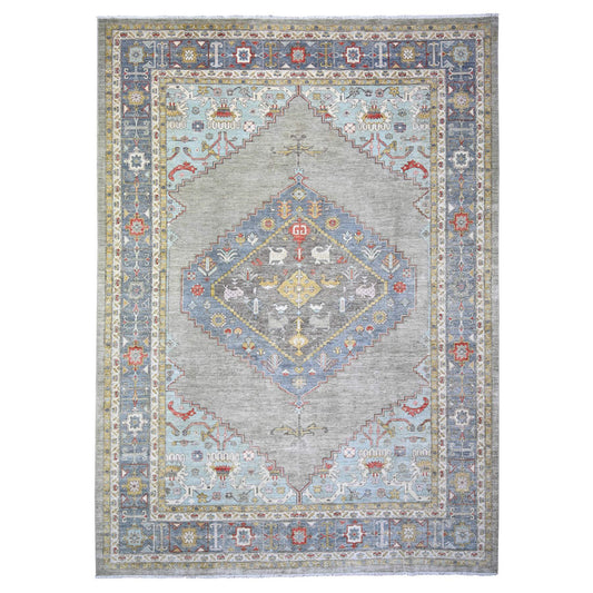 Oushak And Peshawar Wool Hand Knotted Rug Blue Blue 10.1X14.0 -O074197
