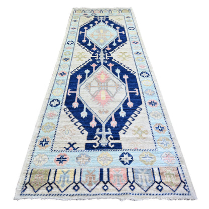 Tribal & Geometric Wool Hand Knotted Rug Ivory Light Blue 4.0X12.0 -O074231