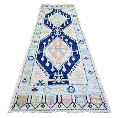Tribal & Geometric Wool Hand Knotted Rug Ivory Light Blue 4.0X12.0 -O074231