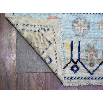 Tribal & Geometric Wool Hand Knotted Rug Ivory Light Blue 4.0X12.0 -O074231