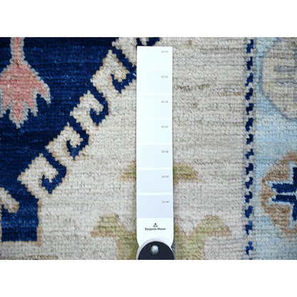 Tribal & Geometric Wool Hand Knotted Rug Ivory Light Blue 4.0X12.0 -O074231