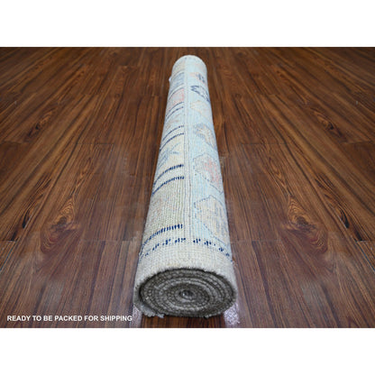 Tribal & Geometric Wool Hand Knotted Rug Ivory Light Blue 4.0X12.0 -O074231