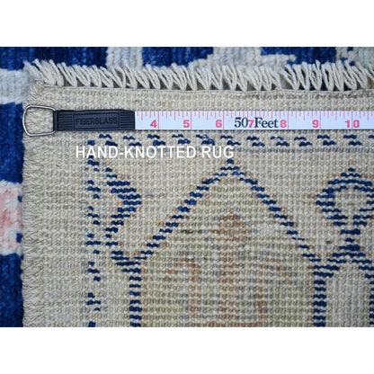 Tribal & Geometric Wool Hand Knotted Rug Ivory Light Blue 4.0X12.0 -O074231