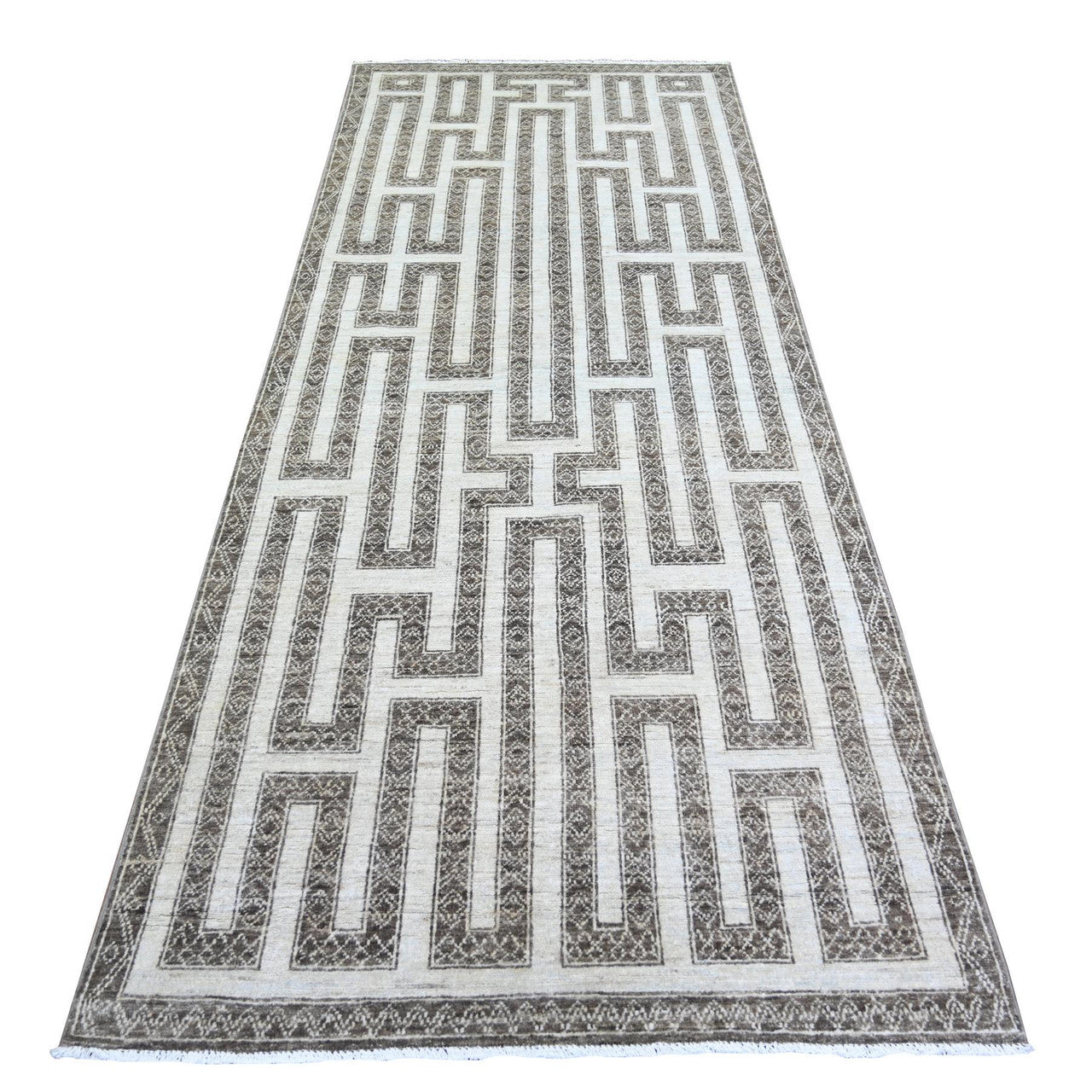 Brown 3'10" x 9'7" Oushak And Peshawar Hand knotted Wool Rug - Sku: O074263