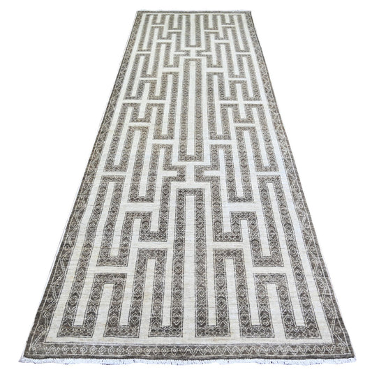 Oushak And Peshawar Wool Hand Knotted Rug Brown Brown 4.0X11.8 -O074266