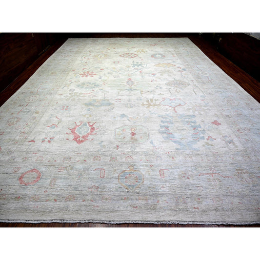 Oushak And Peshawar Wool Hand Knotted Rug Beige Gray 13.10X19.2 -O074275