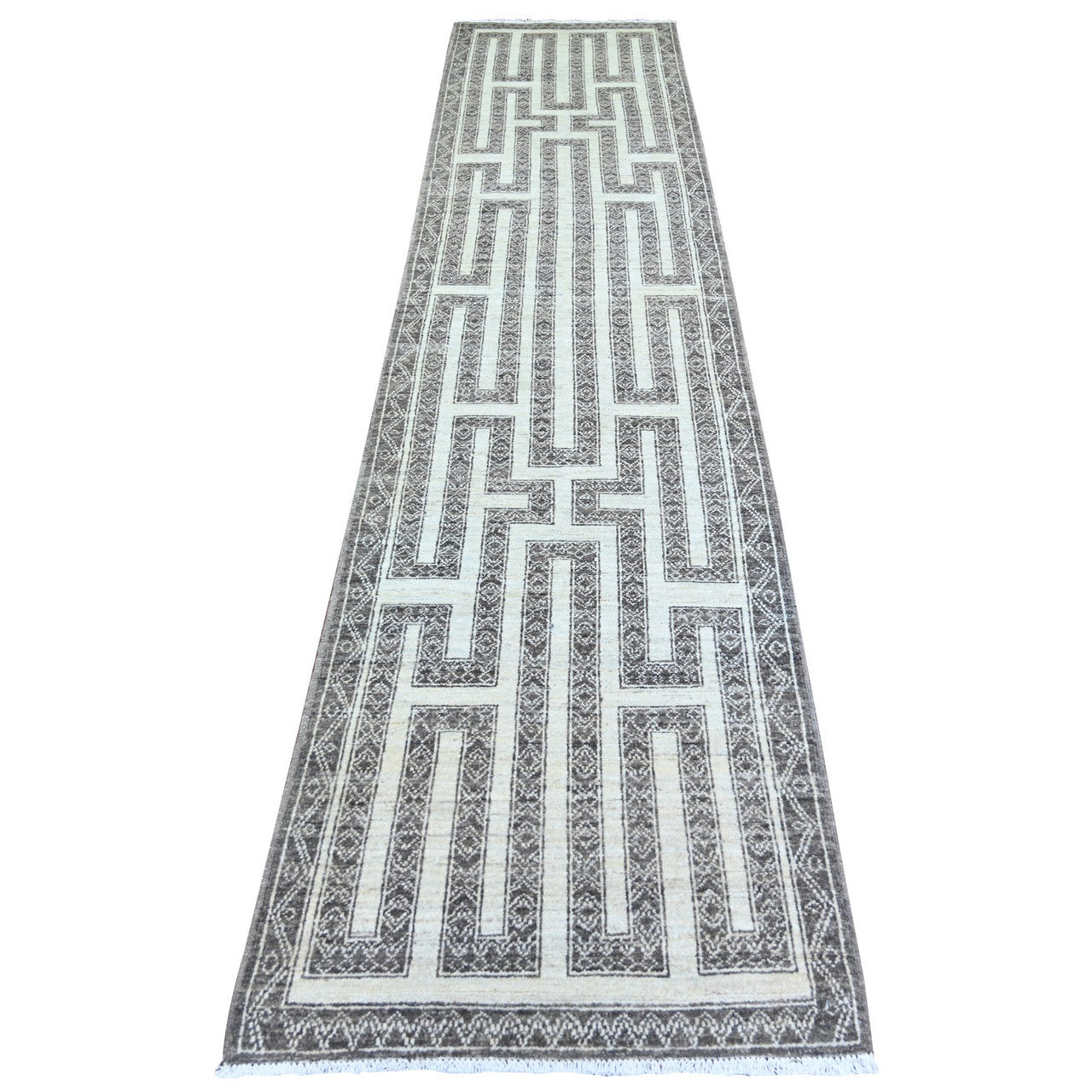 Brown 2'7" x 11'7" Oushak And Peshawar Hand knotted Wool Rug - Sku: O074284