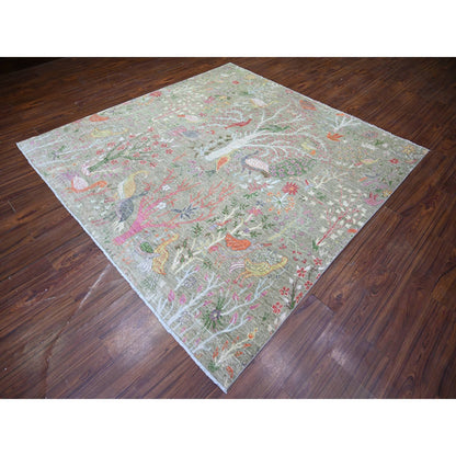 Oushak And Peshawar Wool Hand Knotted Rug Green No Border 7.9X7.11 -O074358