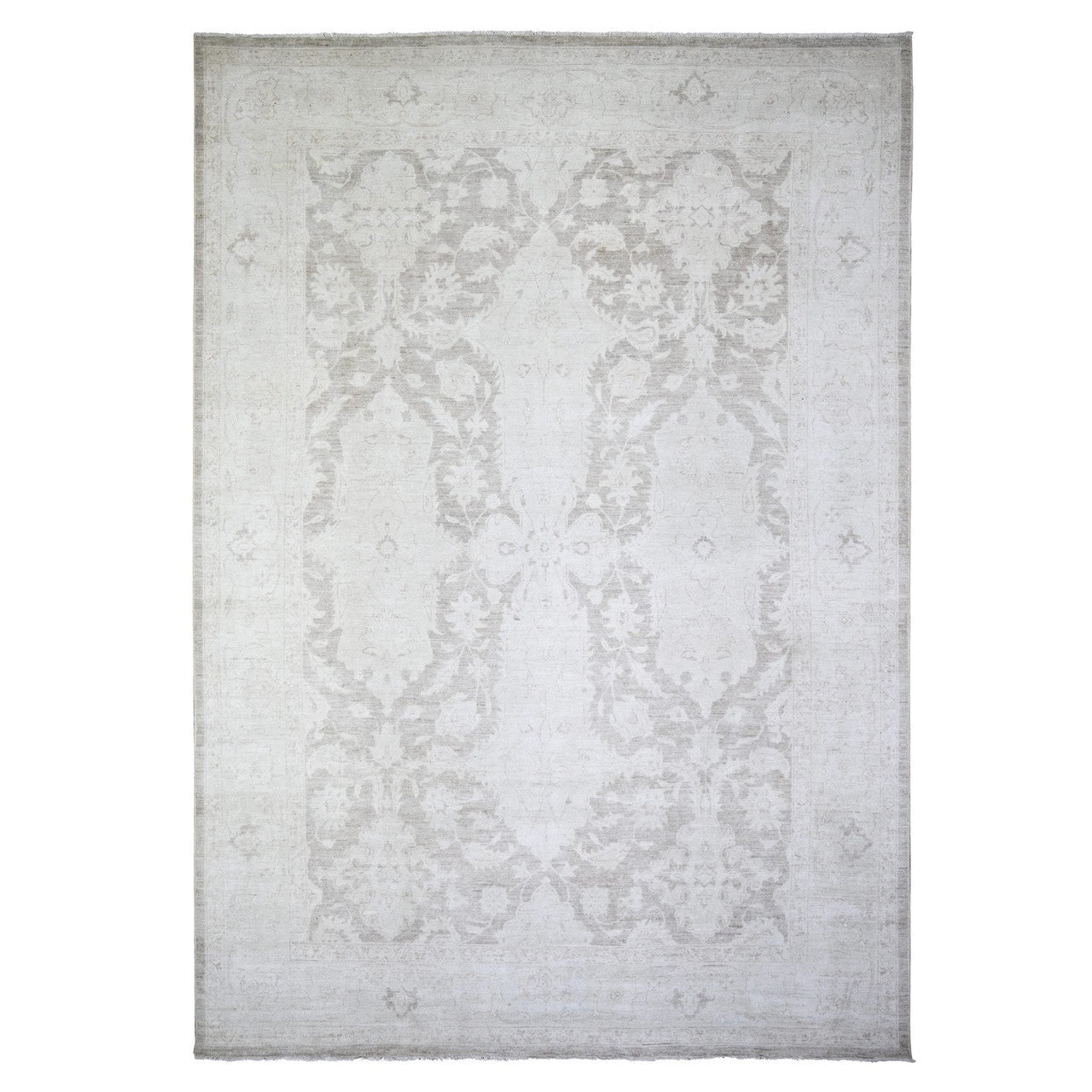 Oushak And Peshawar Wool Hand Knotted Rug Grey Smoky White 9.9X14.0 -O074446