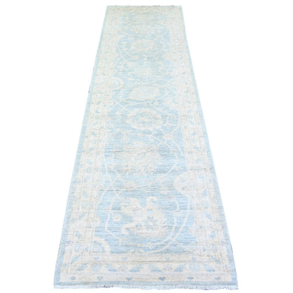 Oushak And Peshawar Wool Hand Knotted Rug Blue Ivory 2.8X9.9 -O074470