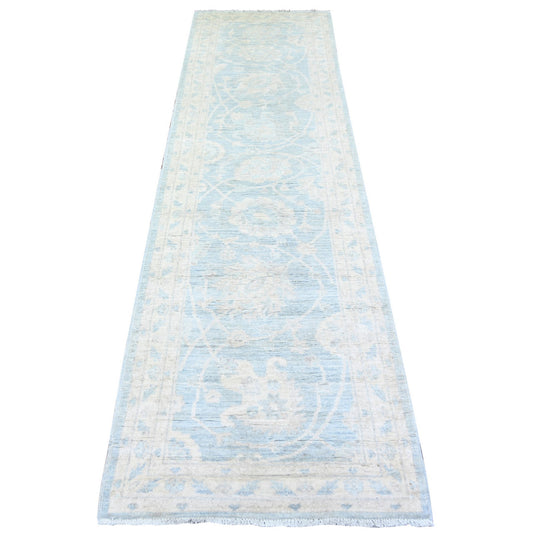 Oushak And Peshawar Wool Hand Knotted Rug Blue Ivory 2.8X9.9 -O074470