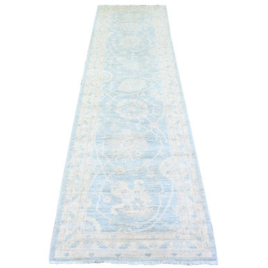 Oushak And Peshawar Wool Hand Knotted Rug Blue Ivory 2.8X9.9 -O074470