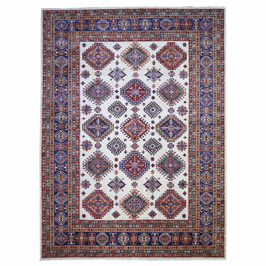 Kazak Wool Hand Knotted Rug Ivory Air Force Blue 8.4X11.5 -O074547