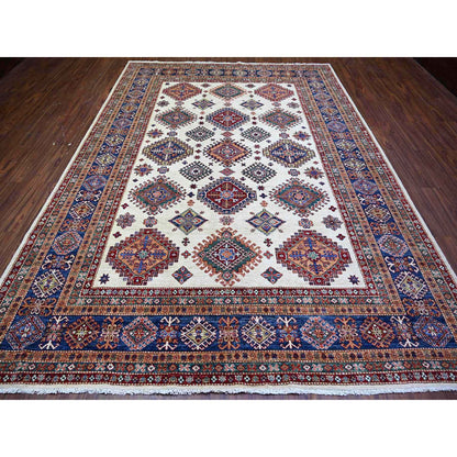 Kazak Wool Hand Knotted Rug Ivory Air Force Blue 8.4X11.5 -O074547