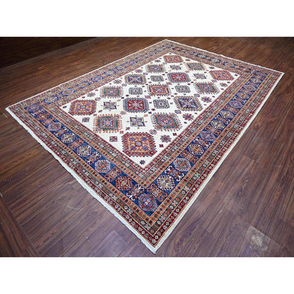 Kazak Wool Hand Knotted Rug Ivory Air Force Blue 8.4X11.5 -O074547